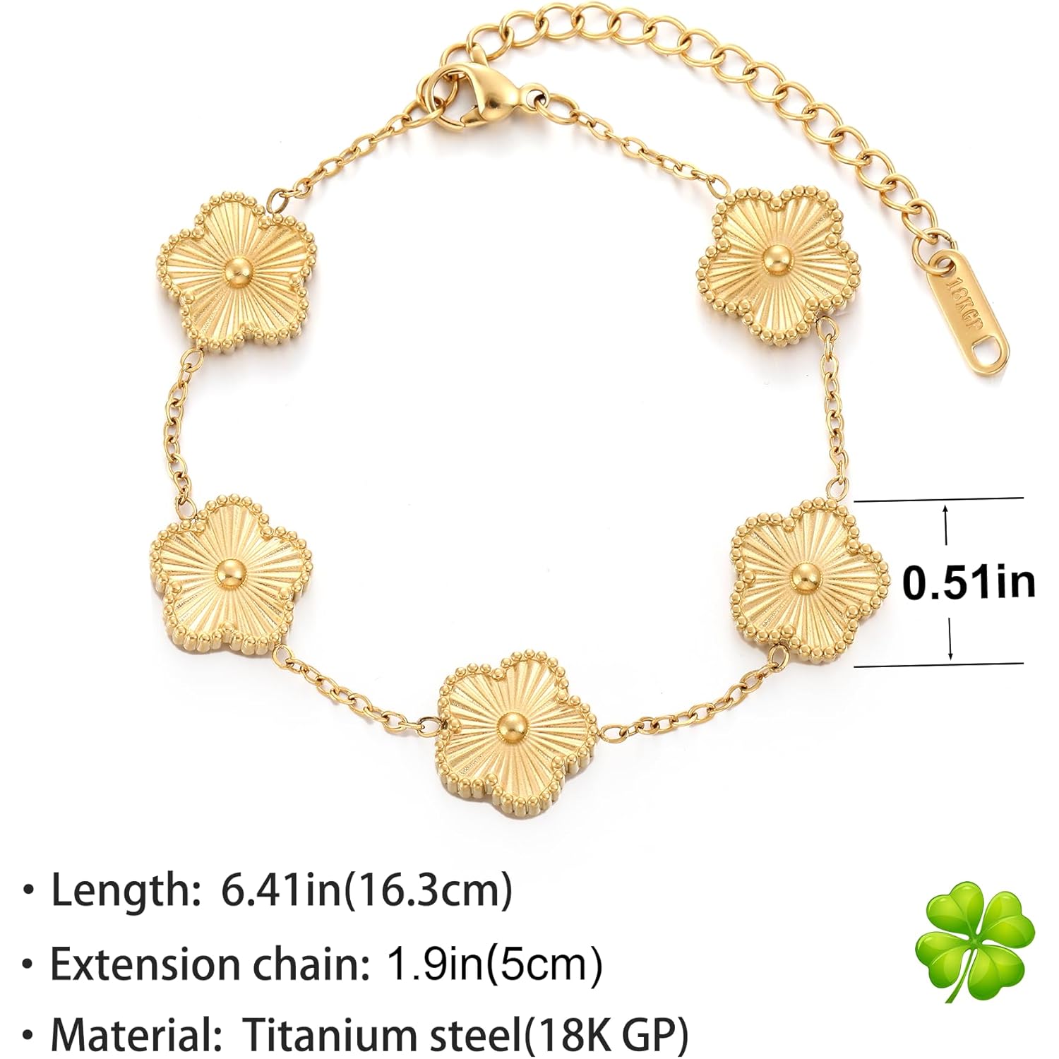 TICVSS Four Leaf Clover Bracelet for Women 18K Gold Plated Stainless Steel Lucky 4 Leaf Gold Link Bracelet Jewelry Gift for Women