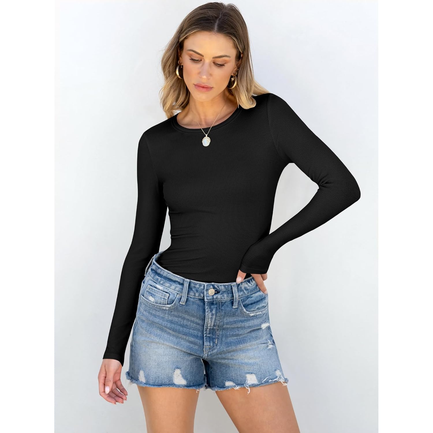 ANRABESS Women Long Sleeve Shirts Rib Knit Slim Fit Tops Basic Tee 2025 Fall Outfits Casual T-Shirt Underscrubs Layer Clothes