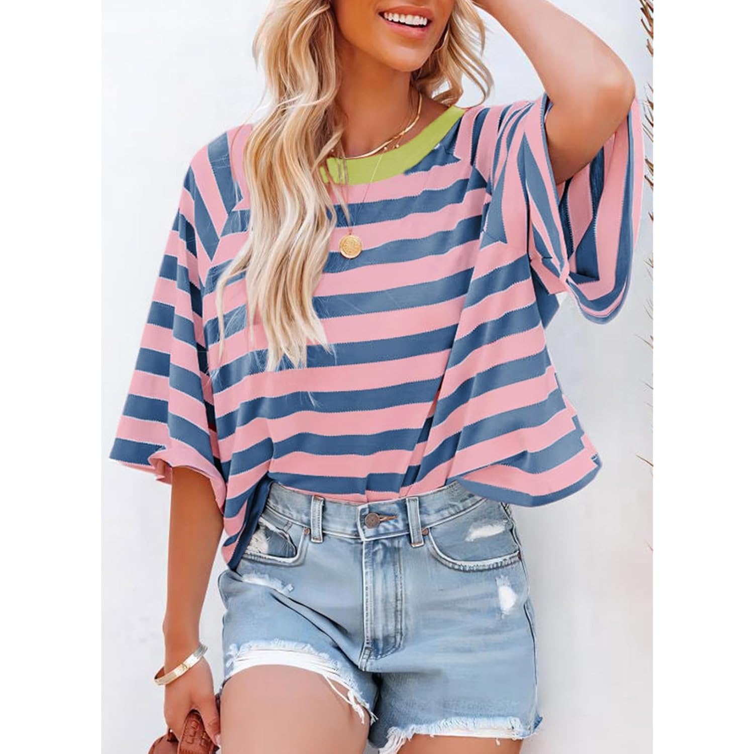 Dokotoo Tops for Women Striped 2025 Fashion T Shirts for Women Color Block Crewneck Design Loose Basic Tee