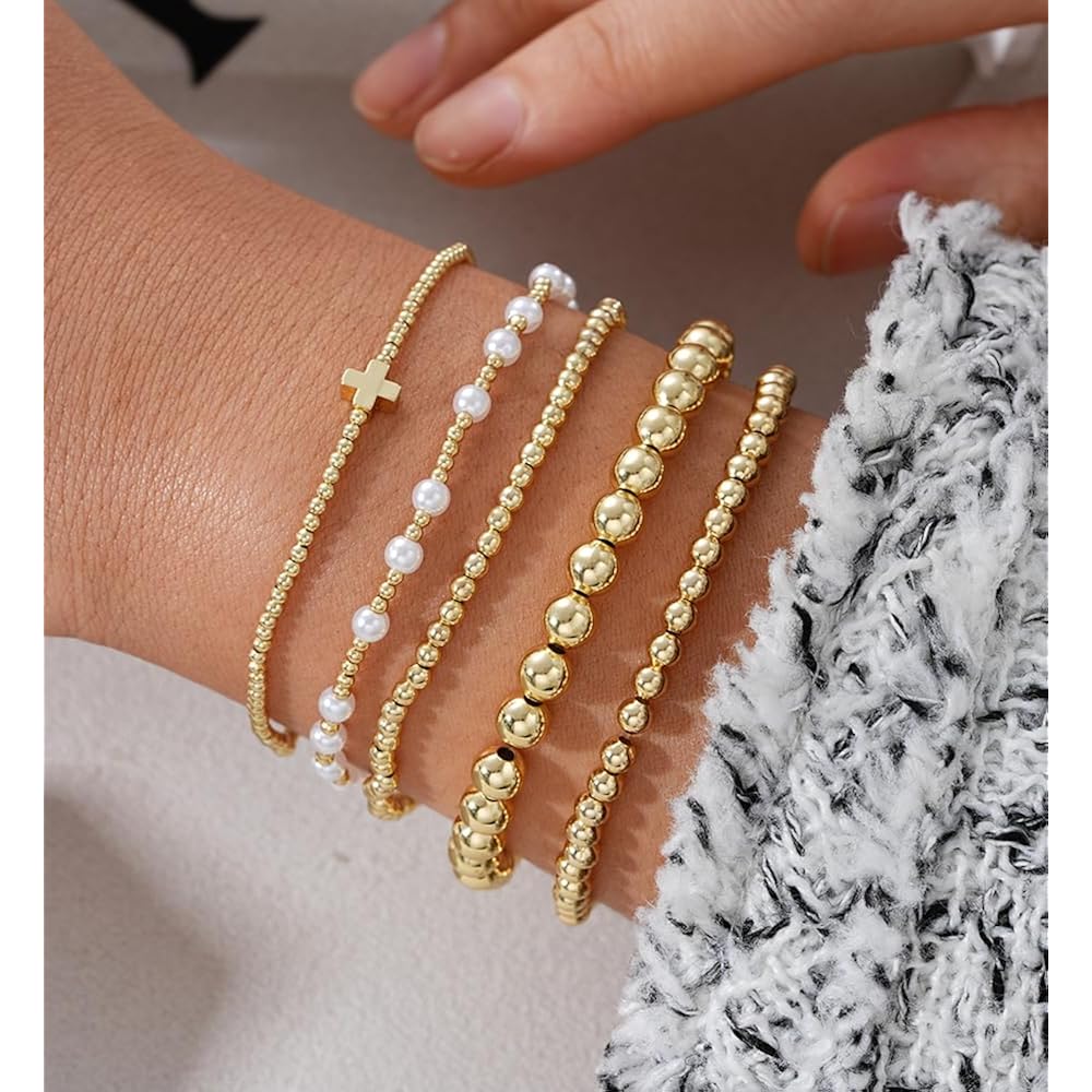 Gold Beaded Bracelets for Women, 14K Real Gold Plated Jewelry for Women Dainty Pearl Bead Bracelets Stack, Non Tarnish Trendy Stackable Ball Cross Stretch Bracelet Set Fashion Accessories Gifts for Women