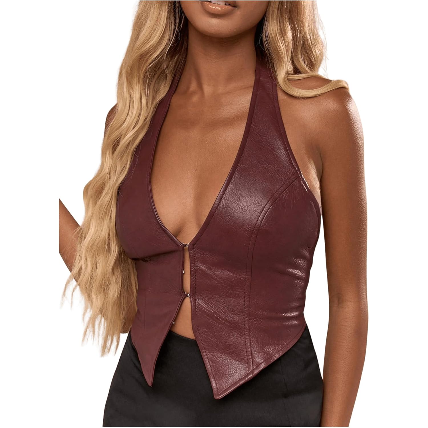 SOLY HUX Women's PU Leather Halter Tank Tops Sexy Deep V Neck Asymmetrical Vest Corset Party Clubwear