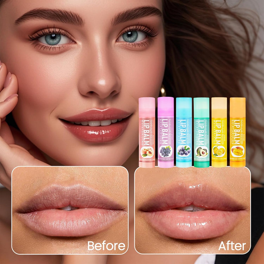 12 Pack Lip Balm Set Fruit Flavored 6Flavors Natural Lip Balm Bulk for Dry Cracked Lips Long Lasting Lip Care Products Anti Chapping Lip Moisturizers Travel Size Winter Anti-Crack Fruity