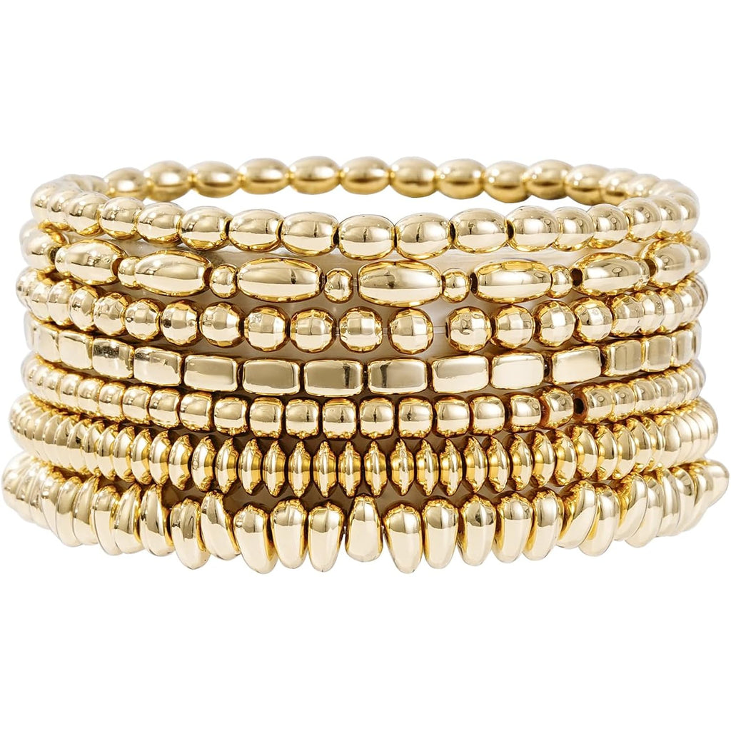Gold Beaded Bracelets for Women Trendy, 14K Gold Plated Stack Cross Pearl Gold Bead Stretch Bracelets Set Elastic Hypoallergenic Bracelets Jewelry Gifts