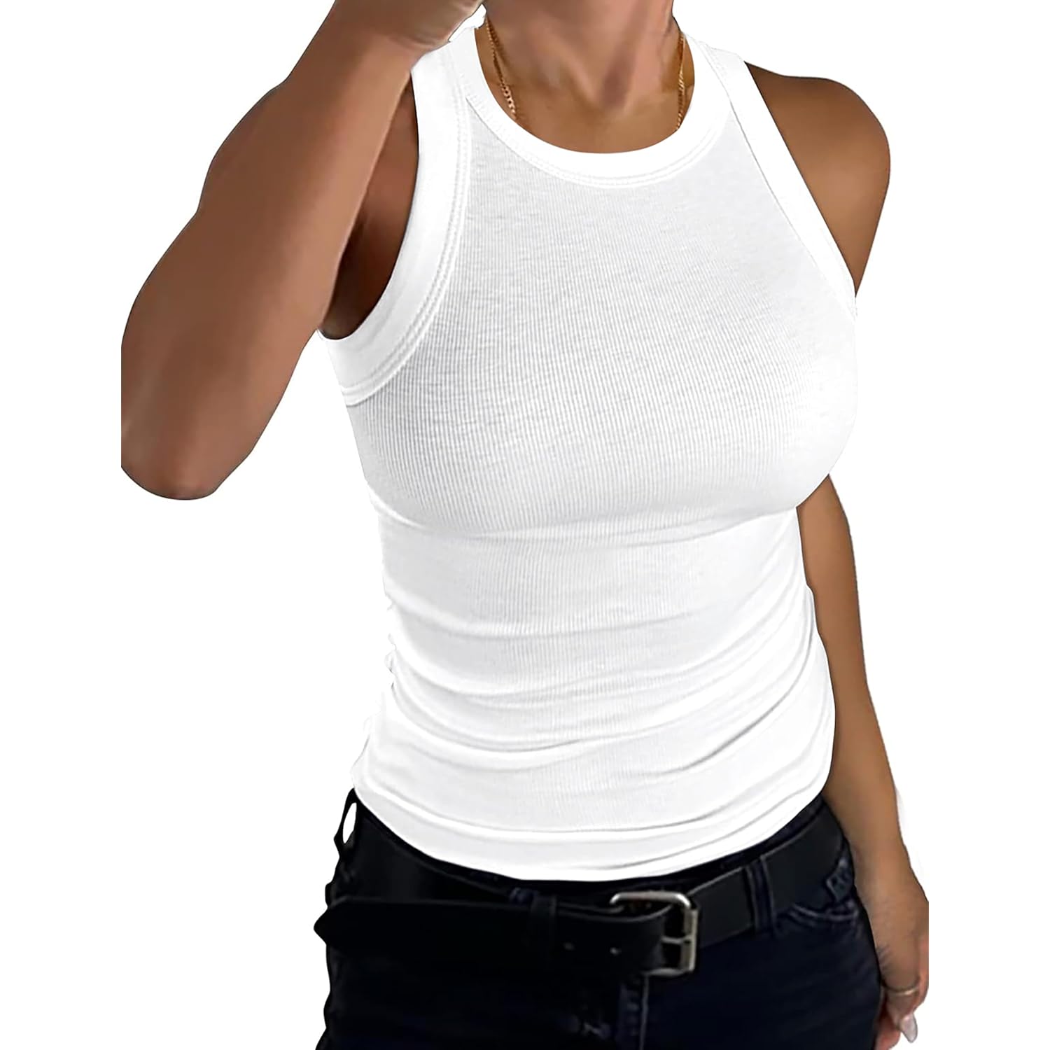 Womens Tank Tops High Neck Sleeveless Ribbed Tank Casual Basic Thick Strap Slim Fitted Racerback Shirts