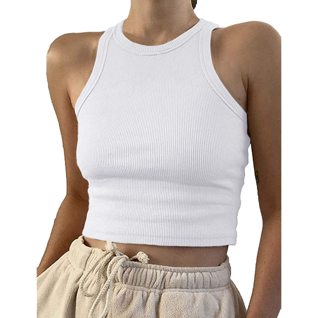 Artfish Women Casual Basic Sleeveless High Neck Rib-Knit Y2k Crop Tank Top