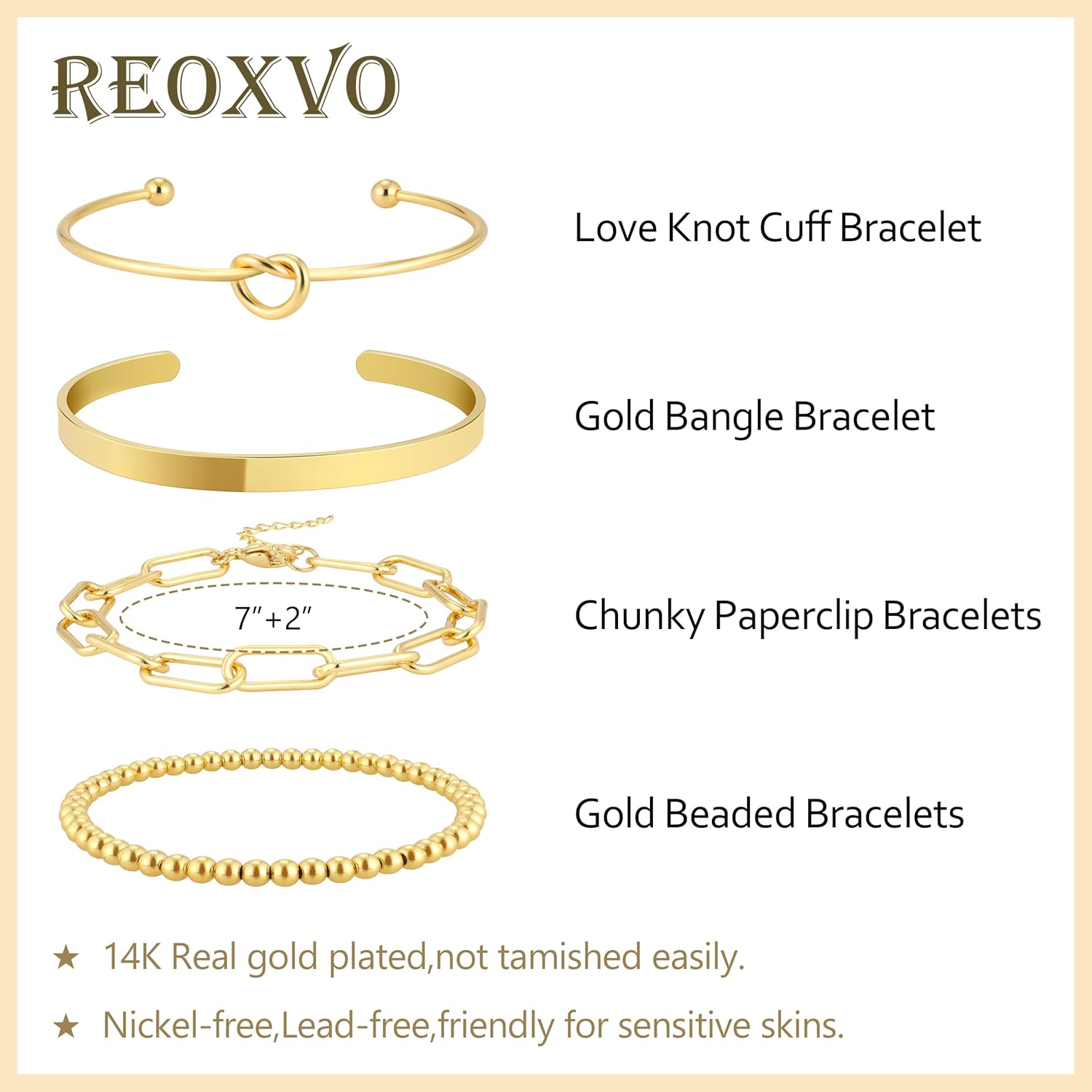 Reoxvo 14K Gold Plated Bangle Cuff Bracelets for Women Non Tarnish Gold Bracelet Stack Jewelry Set for Women Trendy