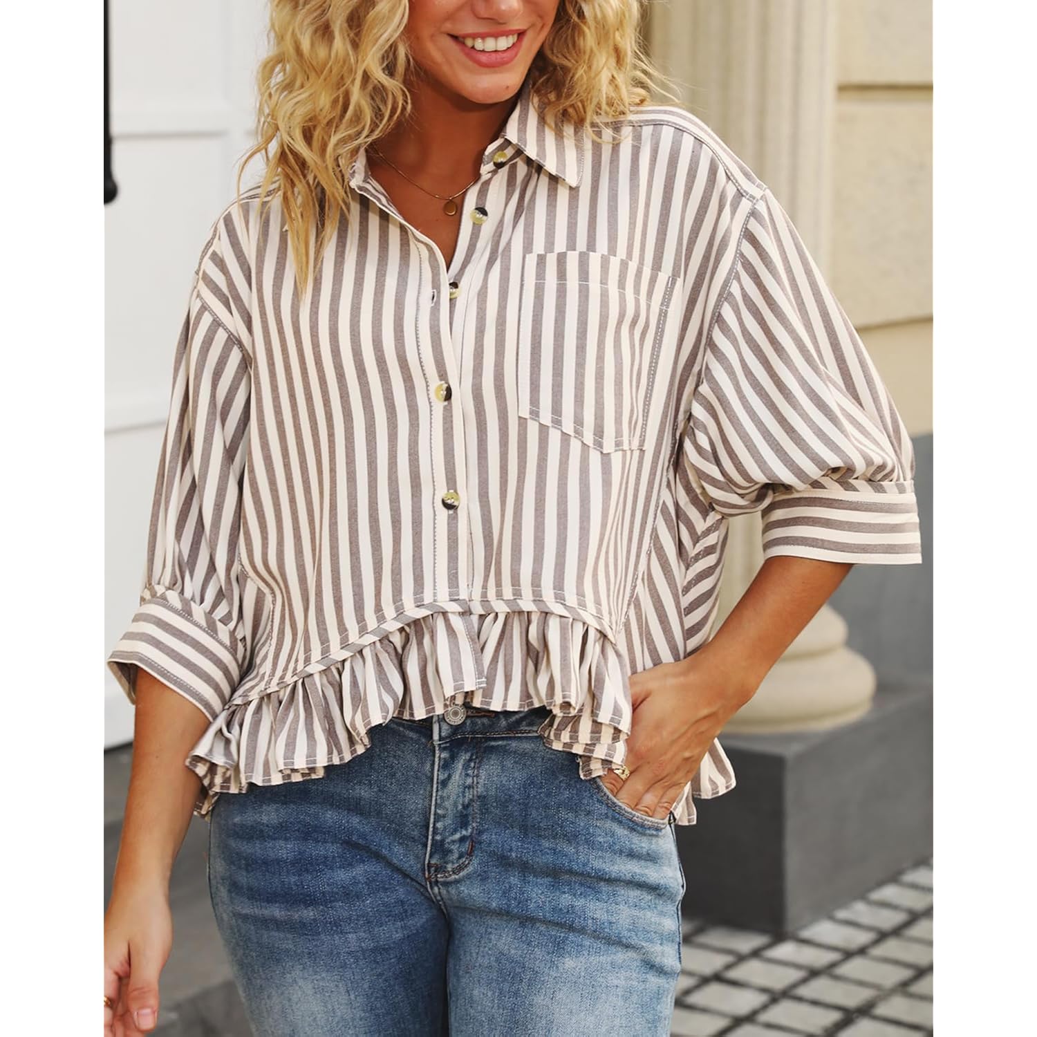 CHYRII Womens Summer Tops Dressy Casual Blouse Top Ruffled Short Sleeve Button Down Striped Shirt
