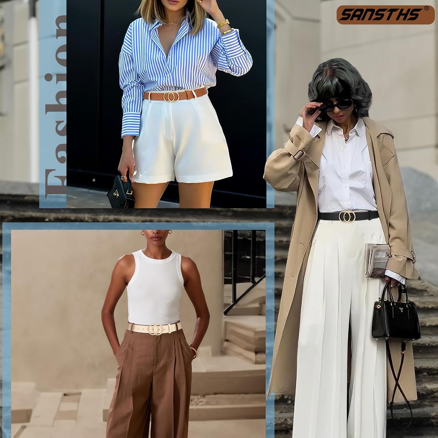 SANSTHS 3 Pack Women Waist Belts for Jeans Pants Dresses, Ladies Belt with Double O-Ring Gold Buckle