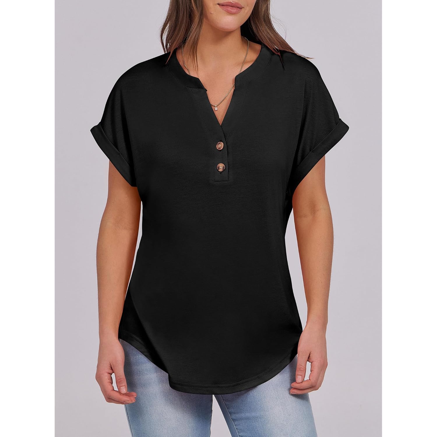ANRABESS Womens Short Sleeve Henley Tops V Neck Dressy Casual Blouses Summer Trendy Tee Shirts 2025 Vacation Fashion Clothes