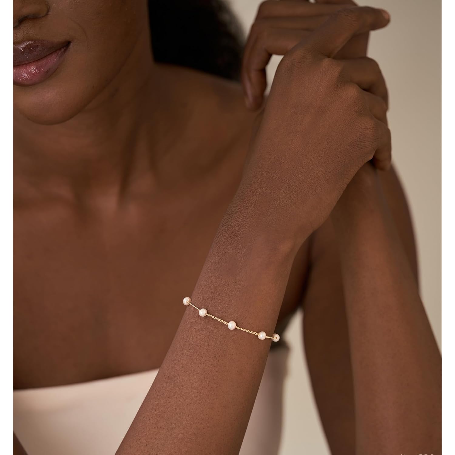 Gold Pearl Bracelets for Women,14K Gold Plated Bracelets Dainty Pearls Beaded Link Chain Charm Bracelets Set Layered Non Tarnish Tiny Jewelry for Women