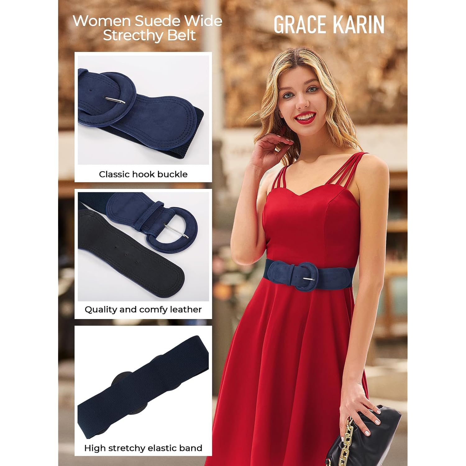 GRACE KARIN Women's Suede Elastic Belt Wide Stretchy Belt Vintage Chunky Buckle Belts S-XXL