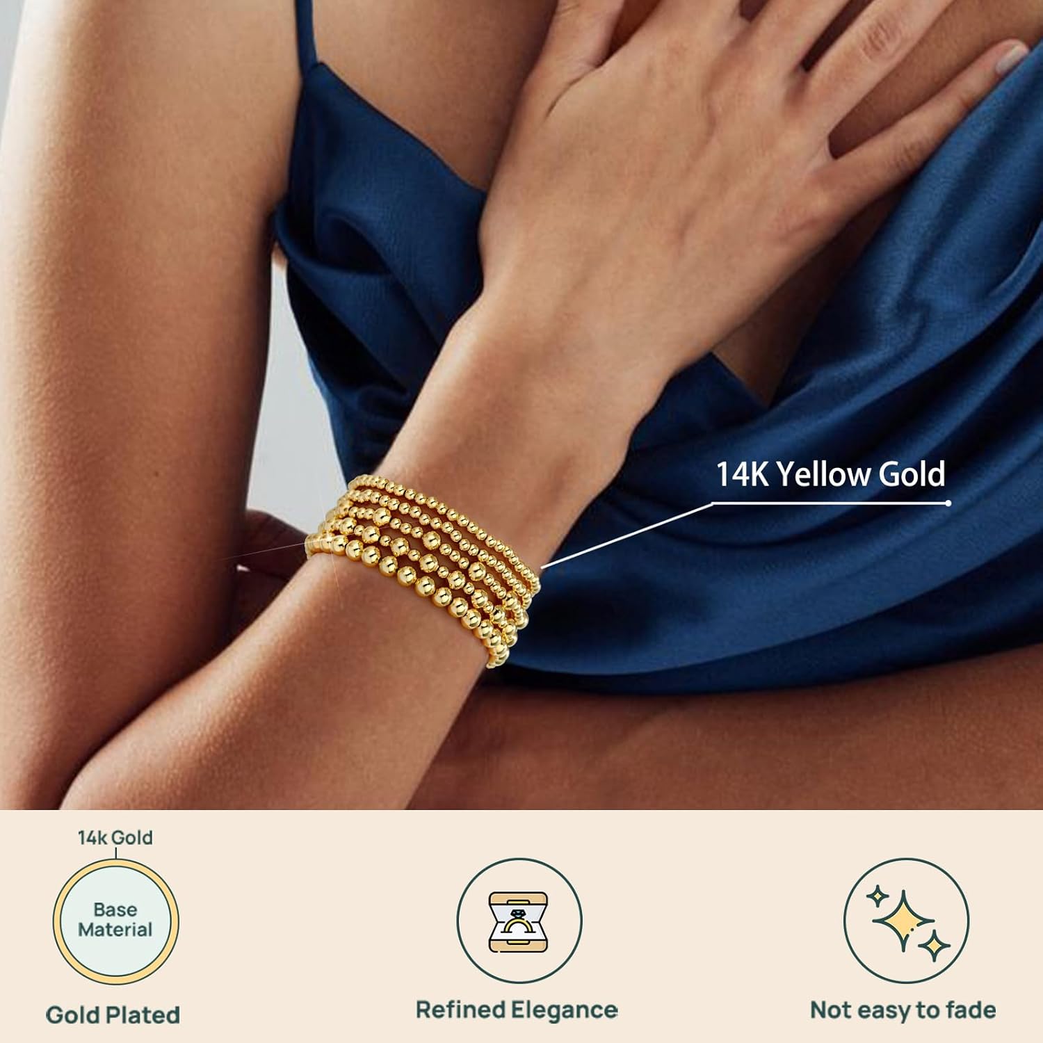 adoyi Gold Bracelets for Women Waterproof, 14K Gold Plated Beaded Strand Bead Ball Bracelets stack Adjustable Jewelry Set for Gifts