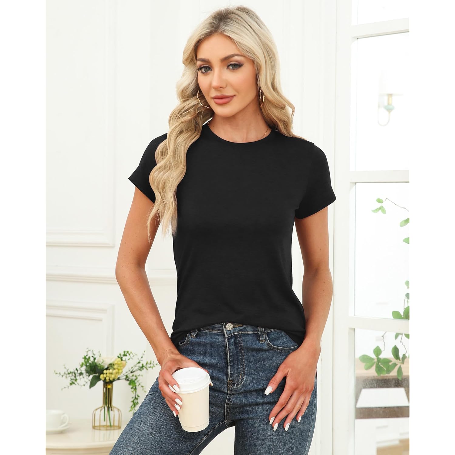 Memorose Womens Short Sleeve Tops Summer T Shirts Round Neck Causal Fashion Basic Tee