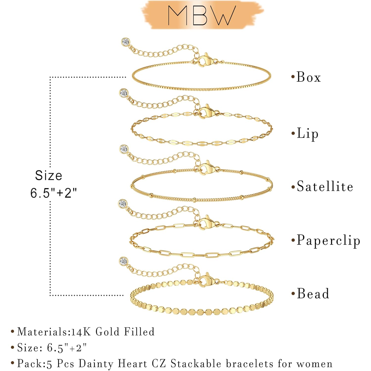Gold Bracelets for Women, 14K Dainty Gold Plated Stackable Bracelets for Women Trendy Waterproof CZ Tennis Bracelet Set Tiny Heart Paperclip Box Chain Adjustable Bracelets Minimalist Cute Jewelry