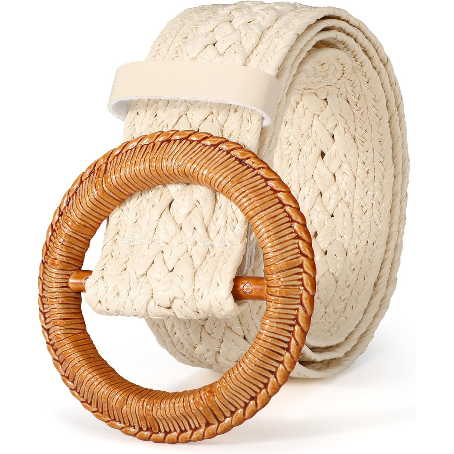 Women Woven Belts for Dresses Jeans Boho Straw Waist Belt Braided Raffia Ladies Belts with Circle Buckle