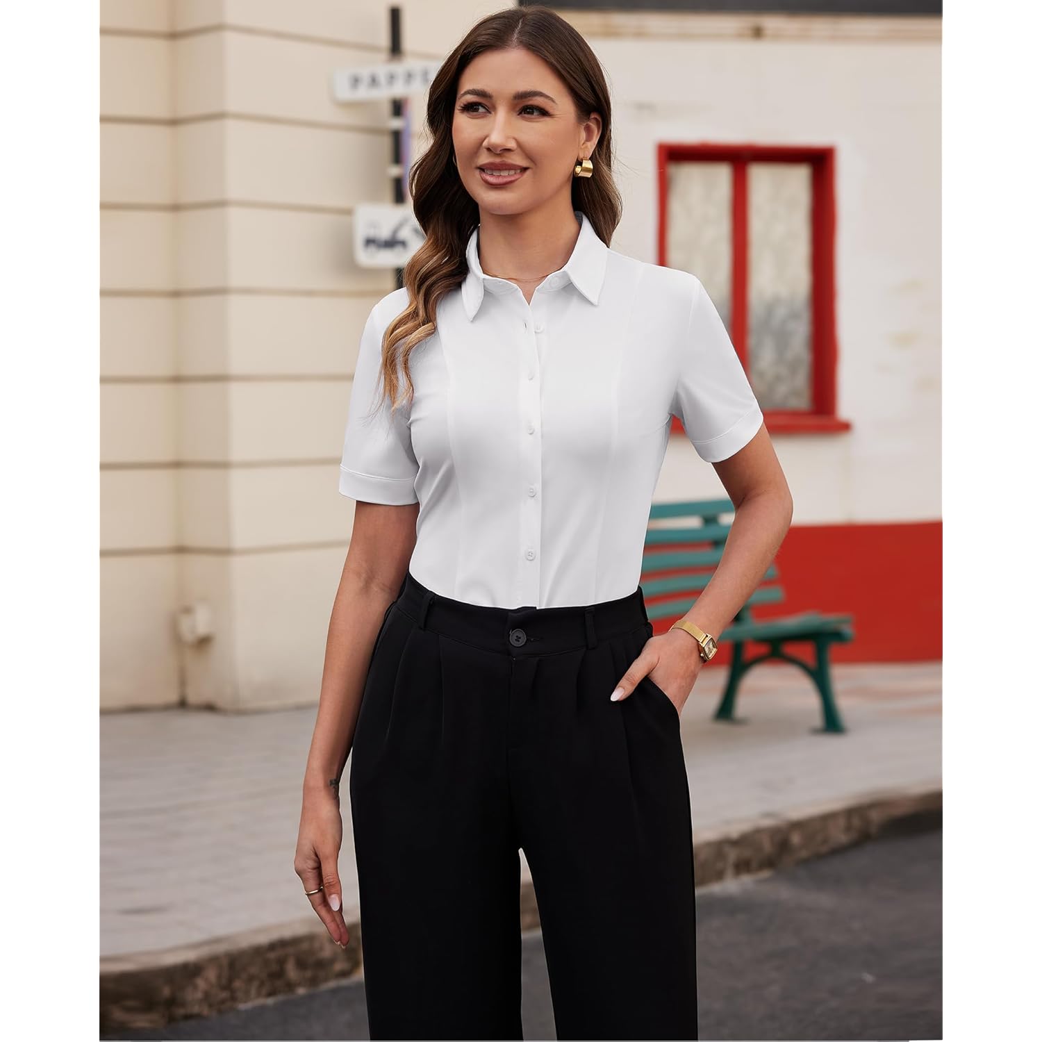 siliteelon Women's Button Down Shirts Slim fit Short Sleeve Stretch Dress Shirts Wrinkle-Free Solid Work Blouse
