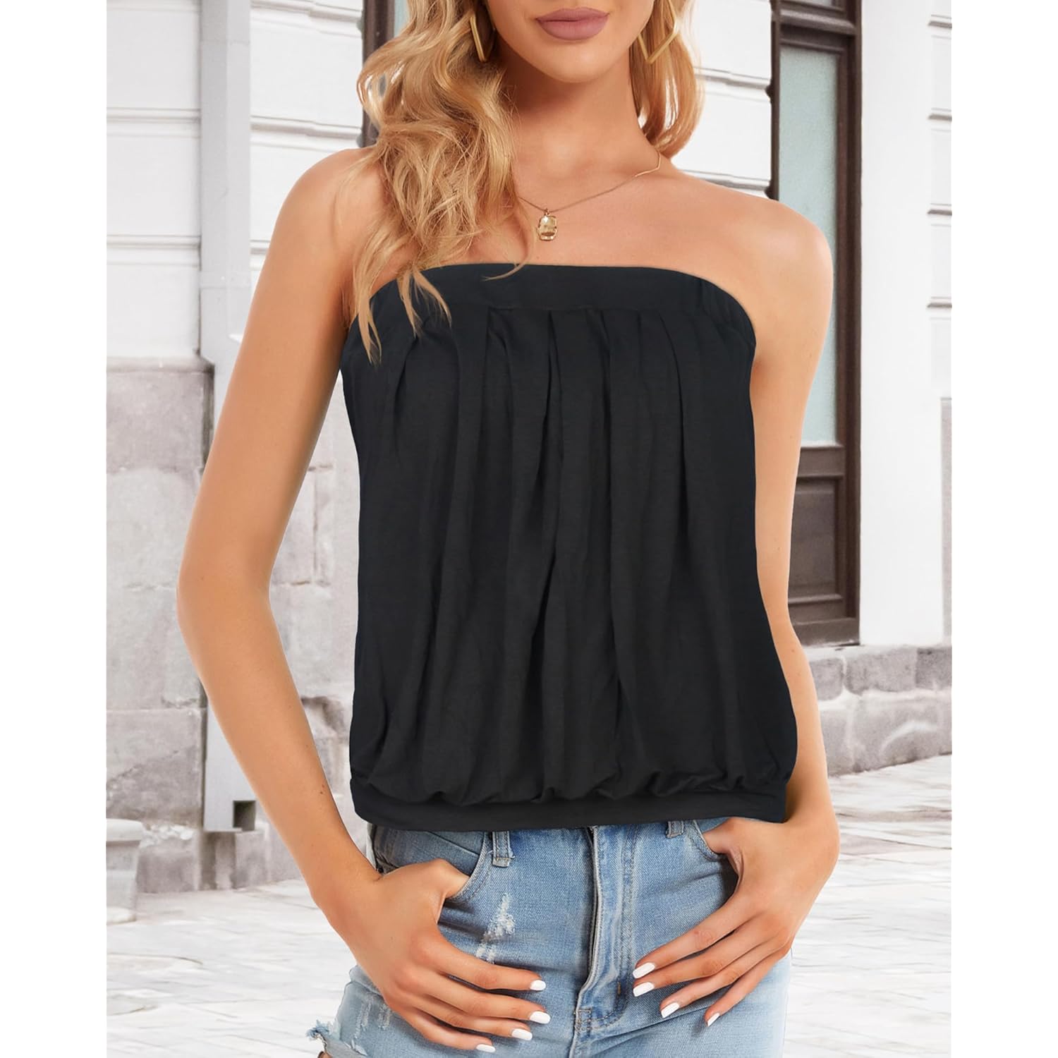 CHICGAL Women's Tube Tops Summer Casual Bandeau Tank Casual Strapless Blouse Off The Shoulder Tunic Shirts