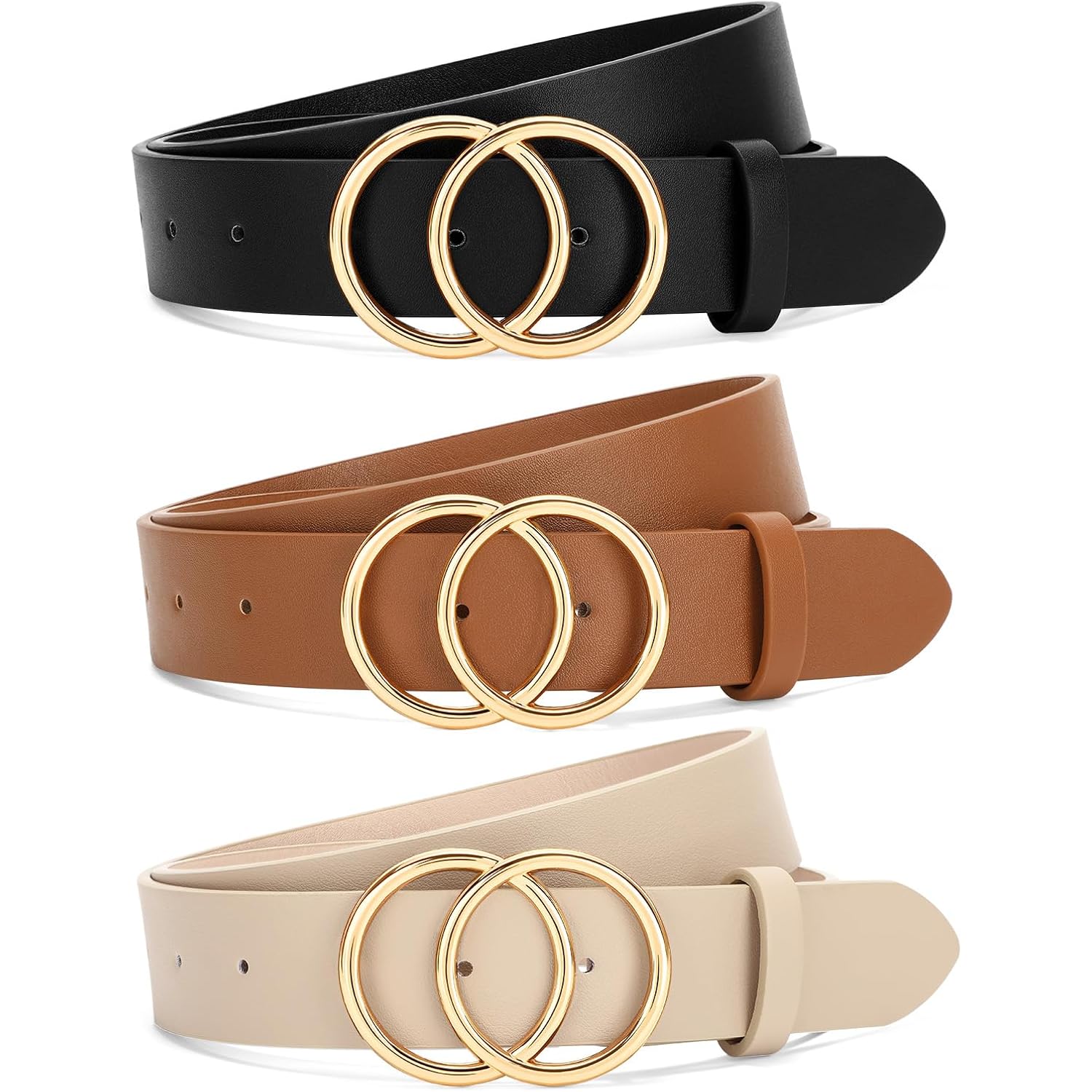 SANSTHS 3 Pack Women Waist Belts for Jeans Pants Dresses, Ladies Belt with Double O-Ring Gold Buckle