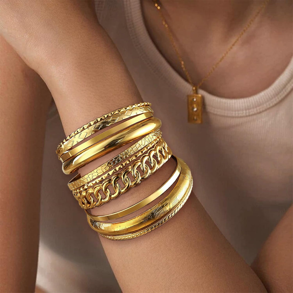 ÌF ME Gold Bangle Bracelets for Women, Indian Bangles Stackable Set, Multi Layer Textured 14K Gold Plated Chunky Bracelets Boho Jewelrys Set