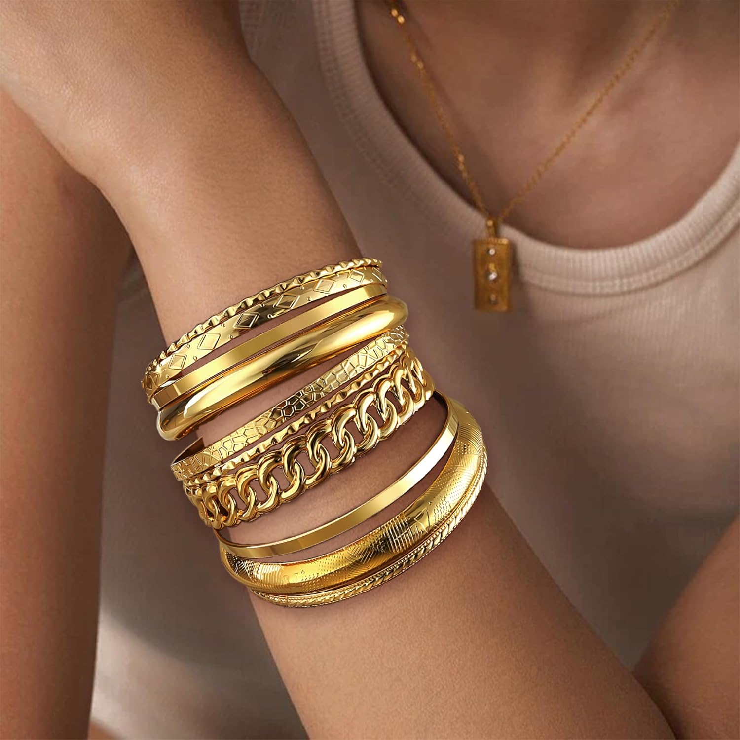 ÌF ME Gold Bangle Bracelets for Women, Indian Bangles Stackable Set, Multi Layer Textured 14K Gold Plated Chunky Bracelets Boho Jewelrys Set