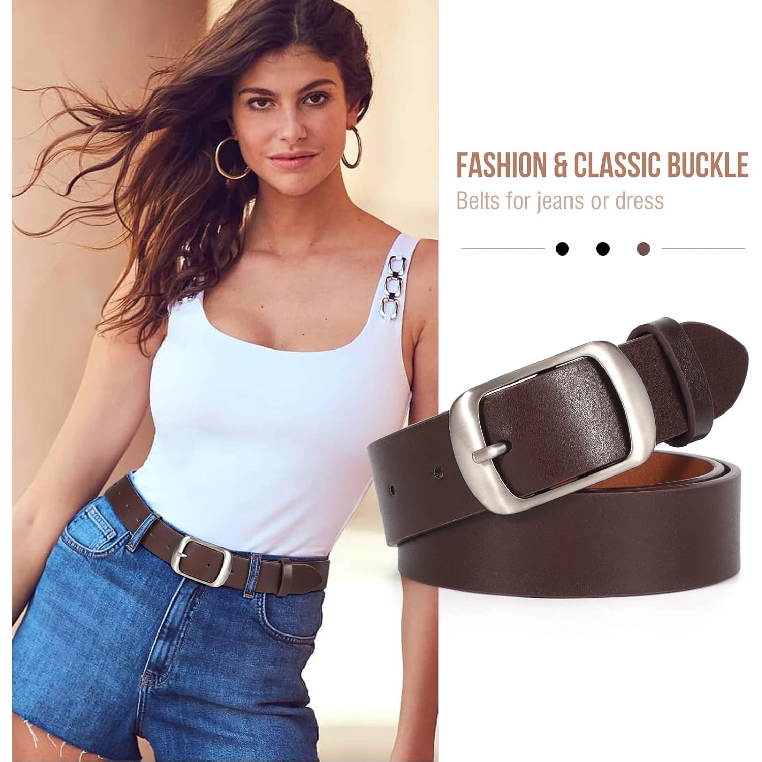 VONMELLI 2 Packs Women Leather Belts for Jeans Fashion Leather Ladies Waist Belt