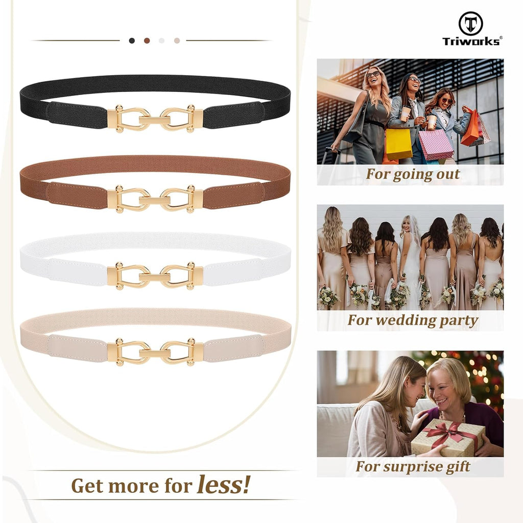 4 Pack Skinny Elastic Belts for Women Gold Buckle Thin Stretchy Waist Belts for Dresses
