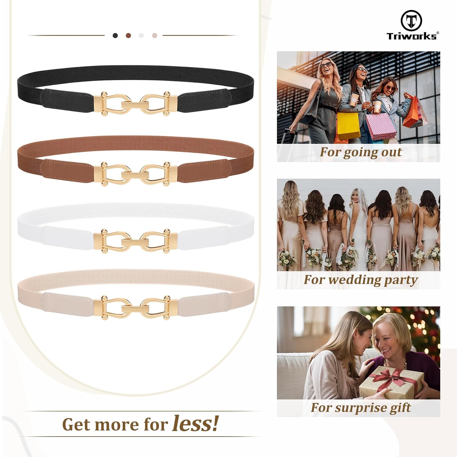 4 Pack Skinny Elastic Belts for Women Gold Buckle Thin Stretchy Waist Belts for Dresses