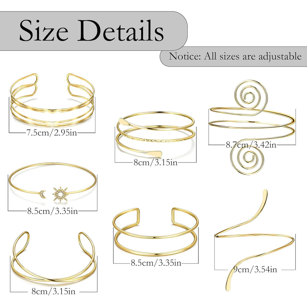 7 Pcs Arm Cuff Jewelry for Women Gold Upper Arm Cuff Bangle Band Armlet Adjustable Arm Cuff Bracelet