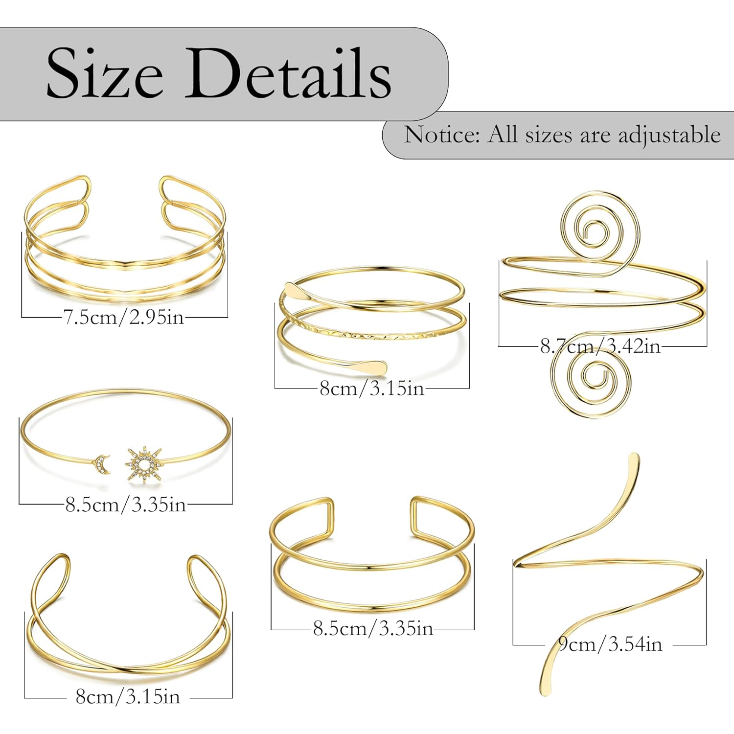 7 Pcs Arm Cuff Jewelry for Women Gold Upper Arm Cuff Bangle Band Armlet Adjustable Arm Cuff Bracelet