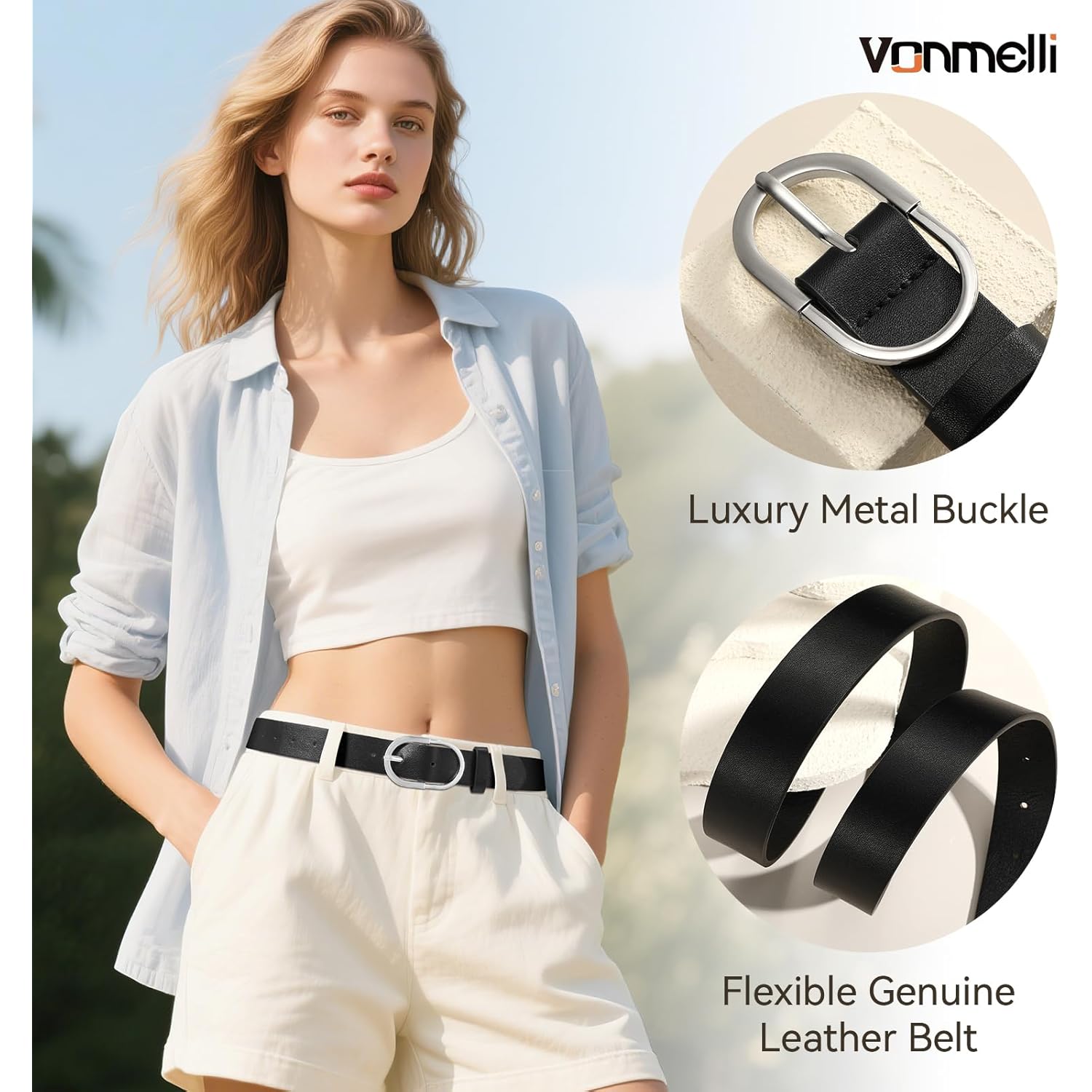 VONMELLI 3 Pack Women's Belts for Jeans Pants Fashion Gold Buckle Ladies Dress Belt