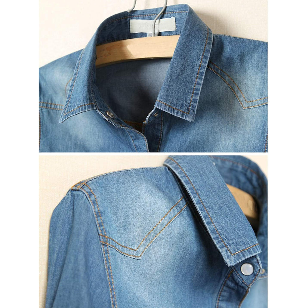 AMEBELLE Women's Roll Up 3/4 Sleeve Tie Front Knot Shirt Chambray Denim Crop Top