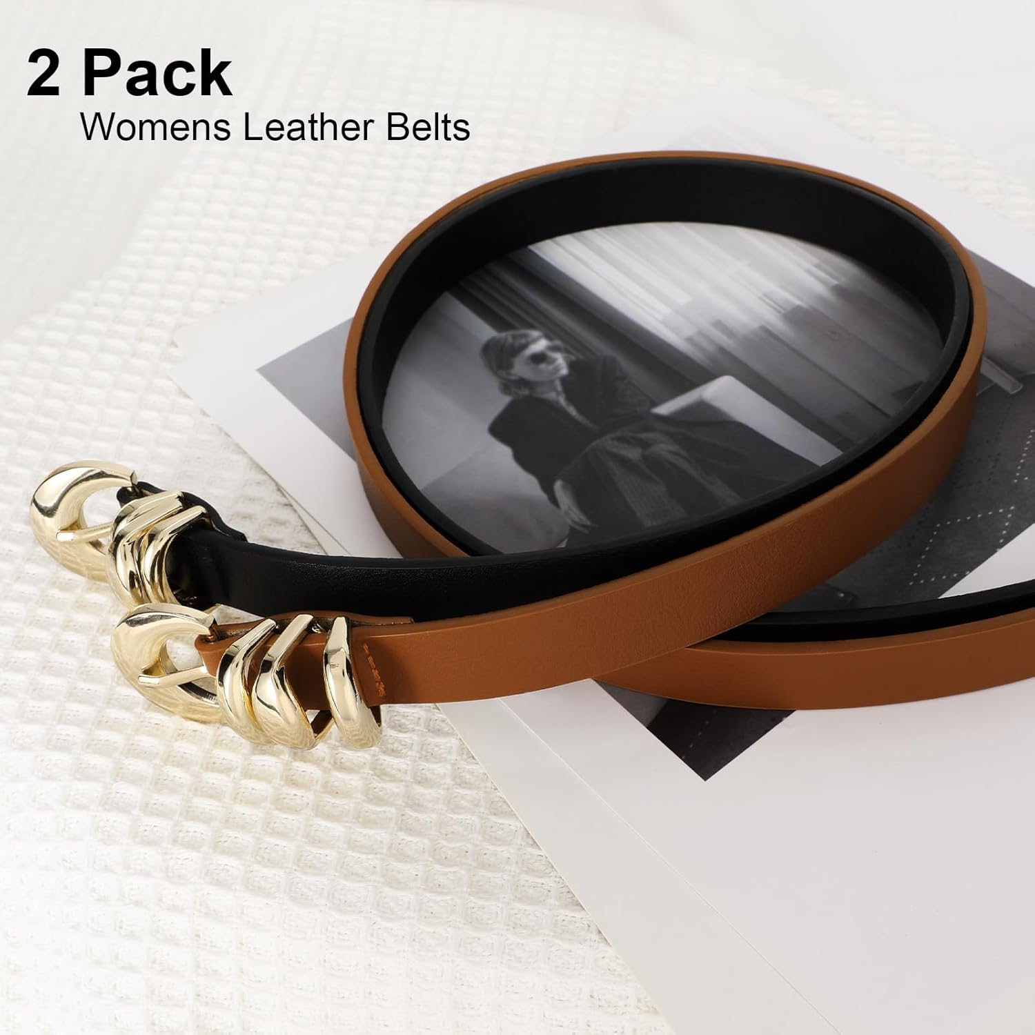 XZQTIVE 2 Pack 0.71'' Womens Skinny Leather Belts for Ladies Thin Waist Belt for Jeans Dress Pants with Fashion Gold Buckle