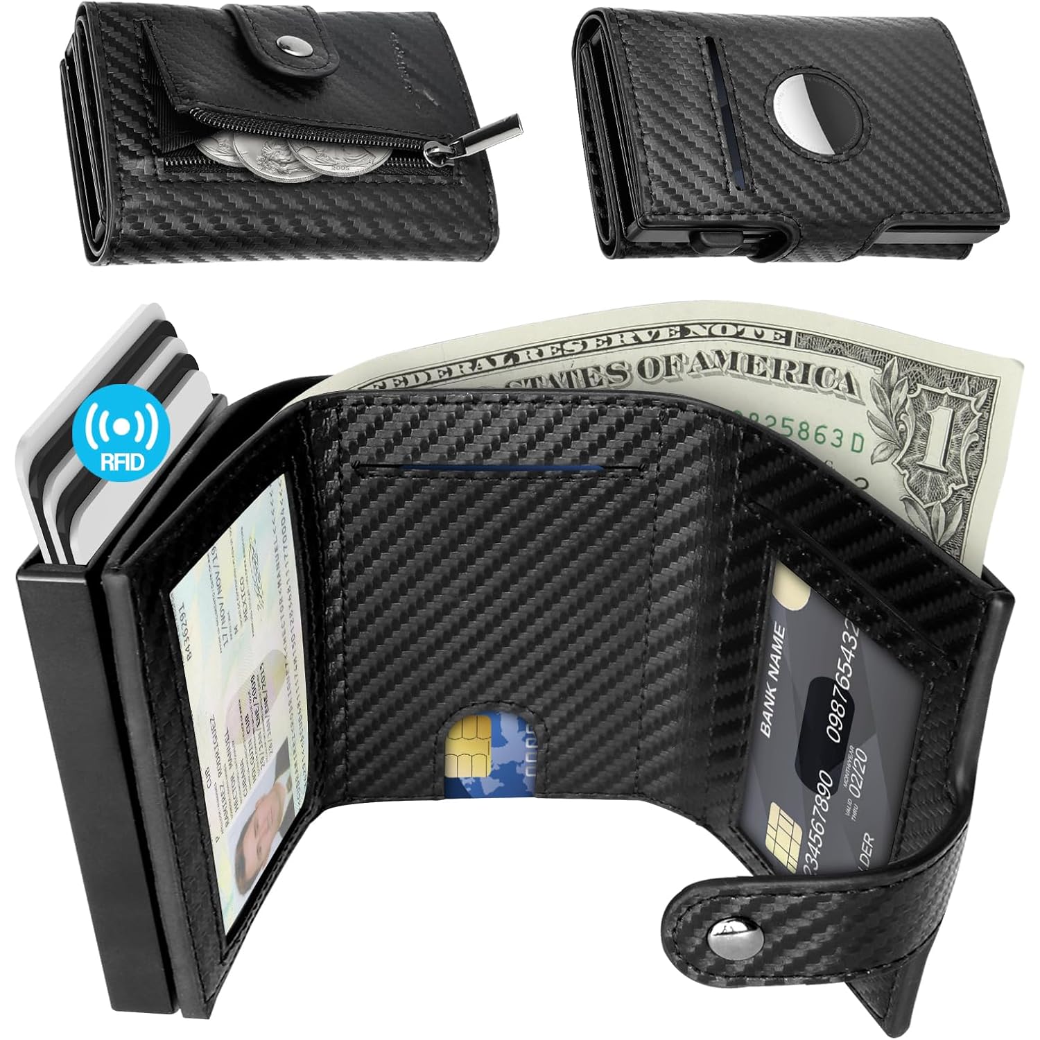 Mens Wallet Credit Card Holder - with AirTag Holder, 2 ID Windows | Trifold Leather | RFID Blocking Pop Up Wallet | Cash Slot | Coin Pocket | Morden Business Stylish Slim | Gifts for Men