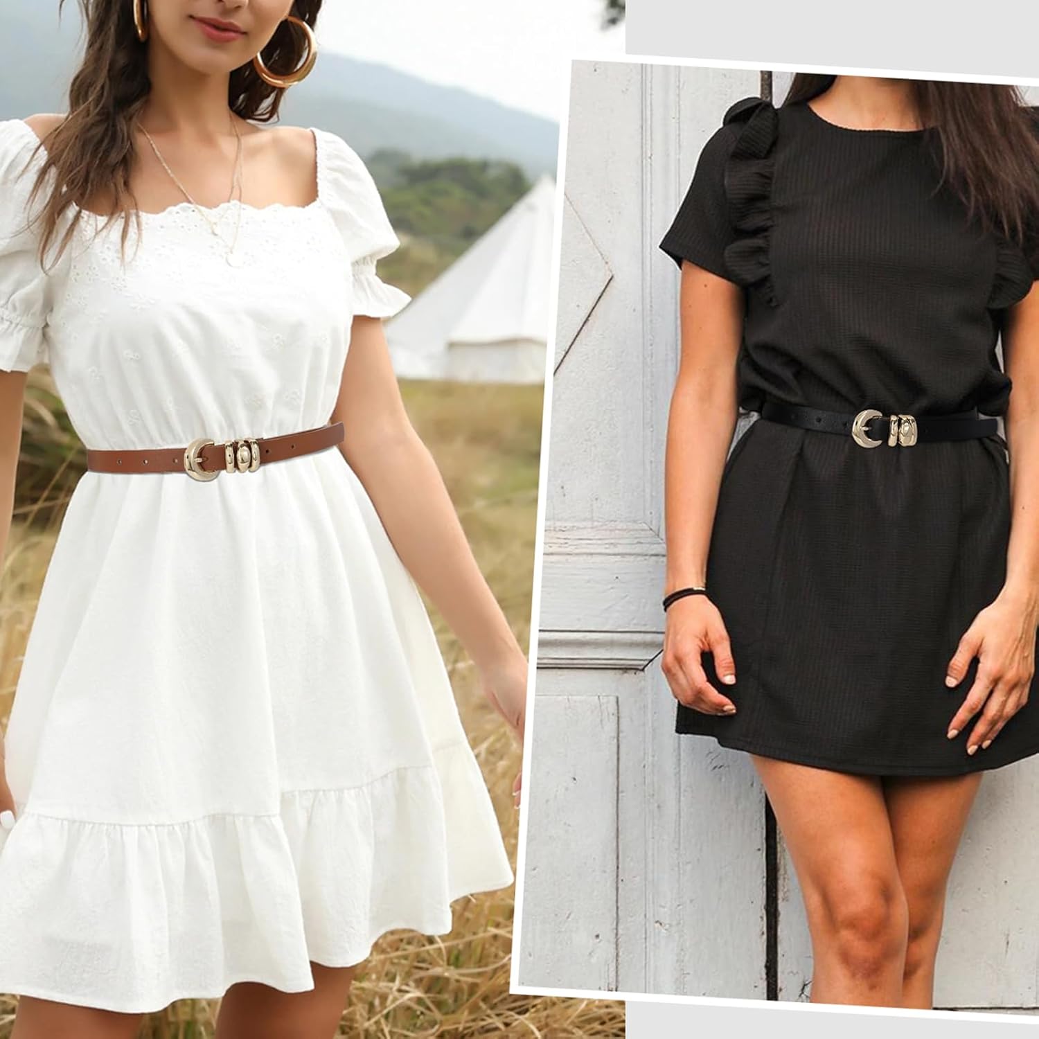 XZQTIVE 2 Pack 0.71'' Womens Skinny Leather Belts for Ladies Thin Waist Belt for Jeans Dress Pants with Fashion Gold Buckle