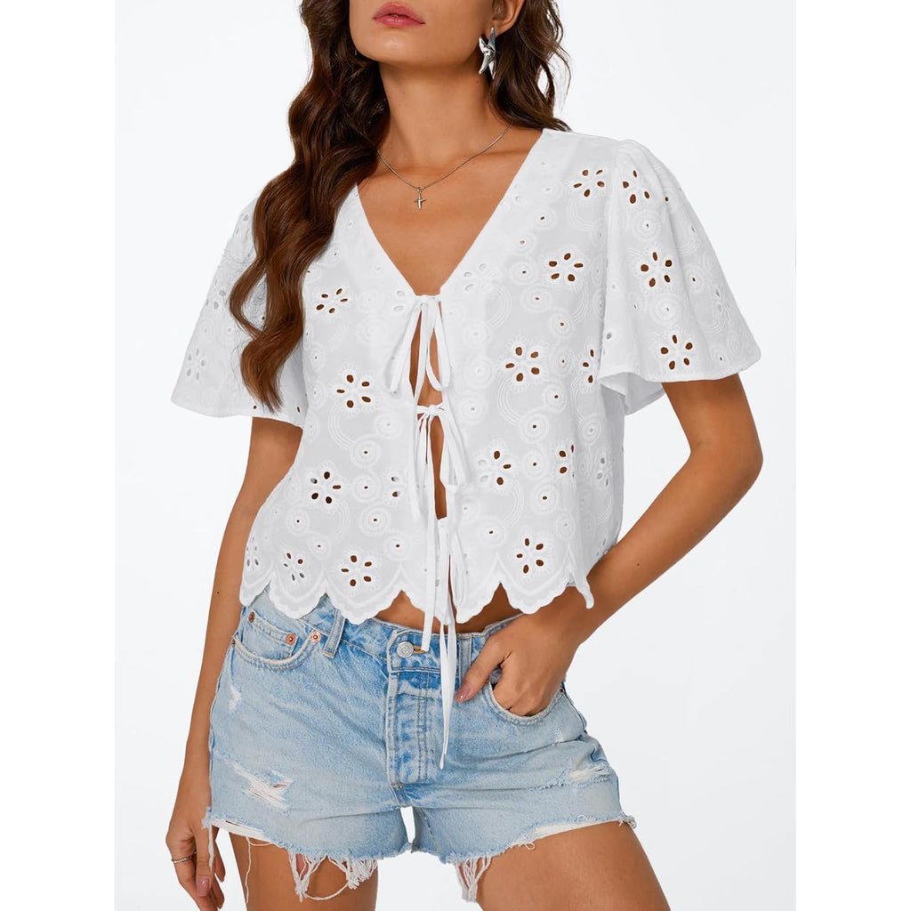 Trendy Queen Womens Tie Front Tops Summer Beach Vacation 2025 Fashion Outfits Loose Fit Blouses Eyelet Embroidered Clothes