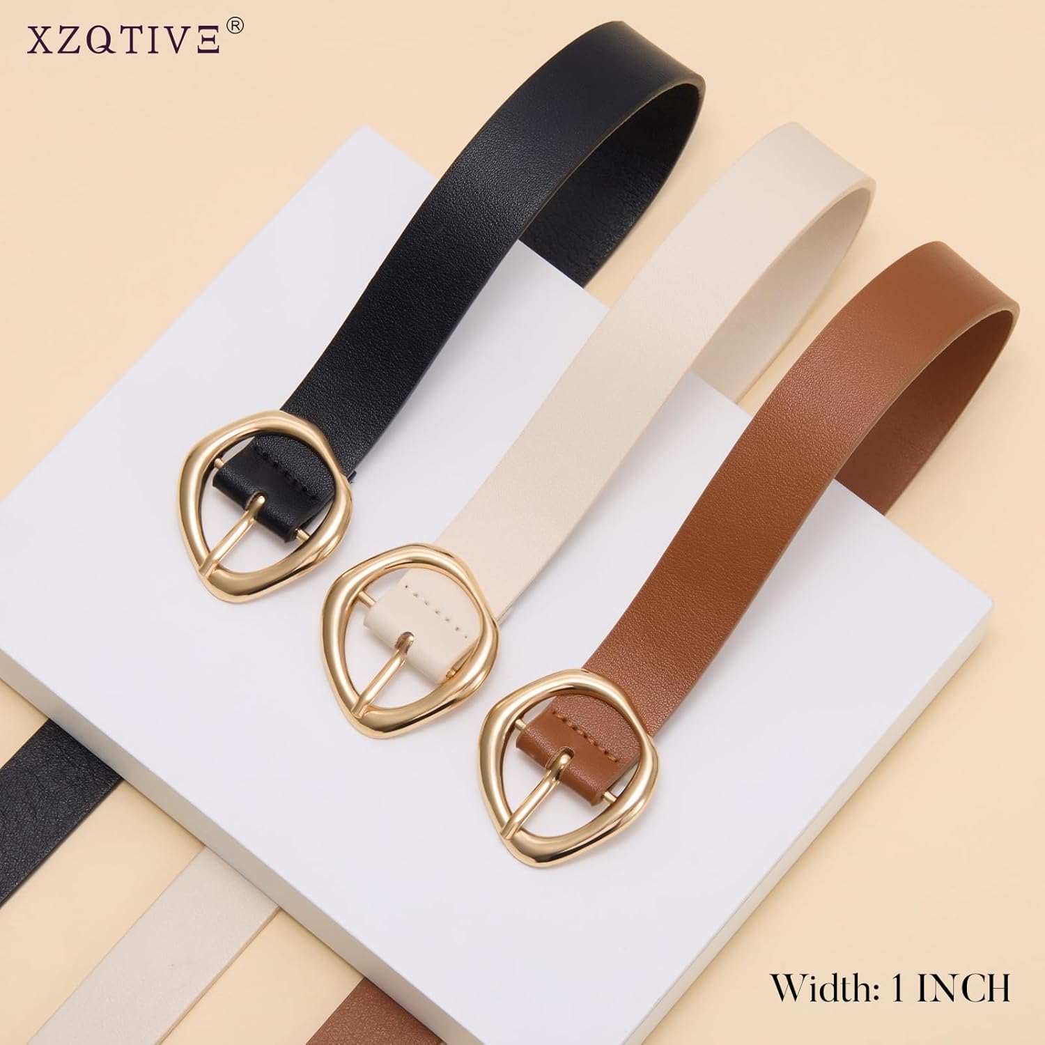 XZQTIVE Women's Faux Leather Belts with Gold Buckle, Fashion Casual Belt for Jeans Pants Dresses