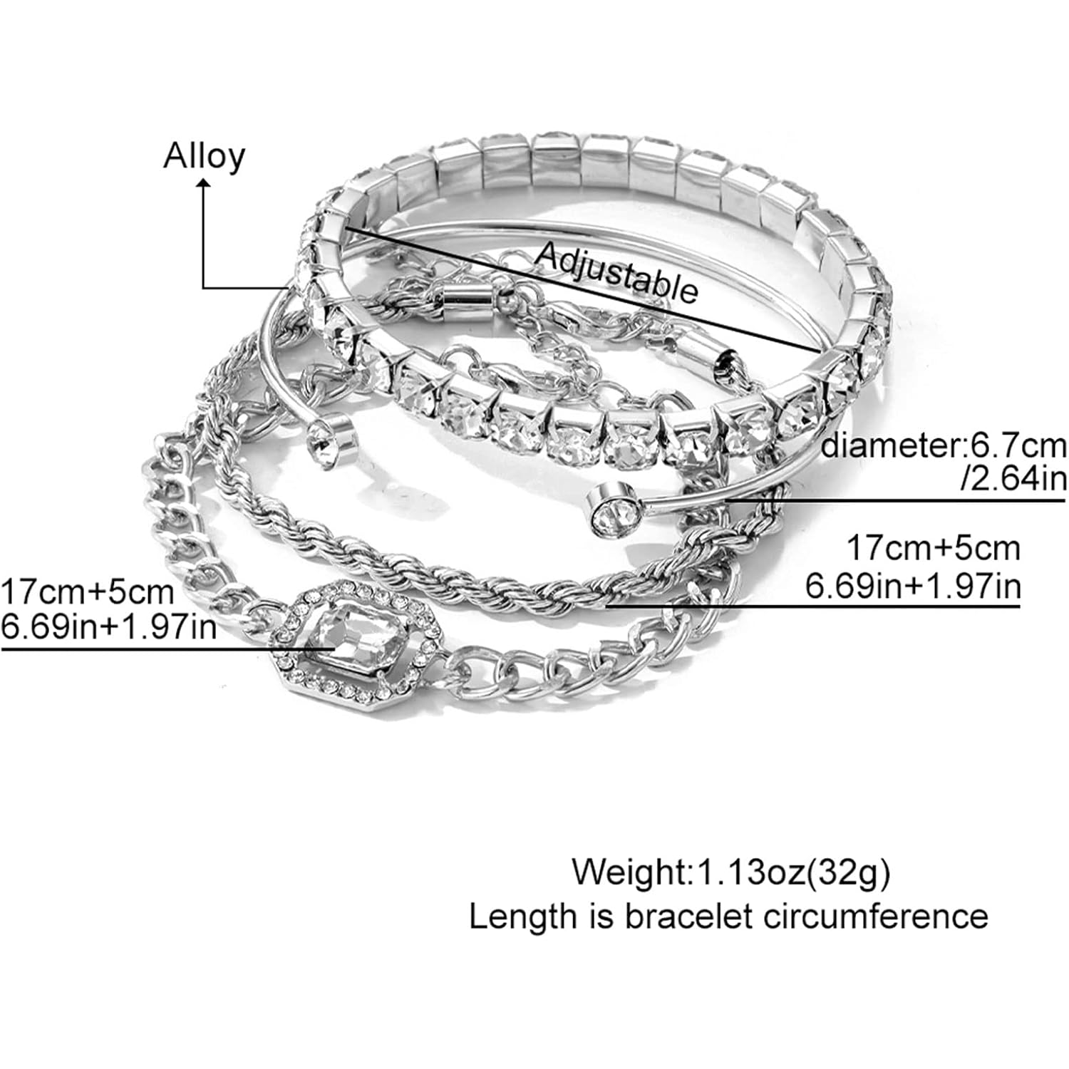 4 Pcs Dainty Gold Silver Bracelets Set for Women 14K Plated Link Cubic Zirconia Paperclip Stake Layering Chain Adjustable Trendy Hand Jewelry