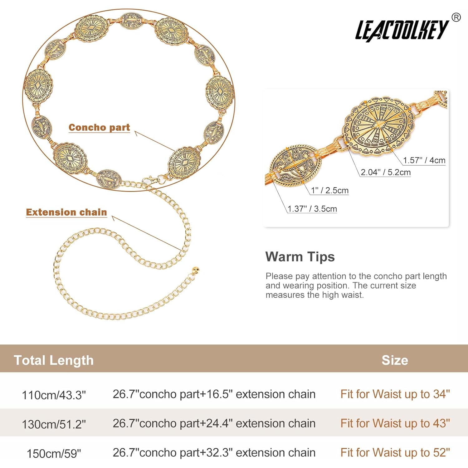 LEACOOLKEY Women Turquoise Concho Chain Waist Belt Silver Western Cowgirl Metal Chain Belt for Dress Adjustable