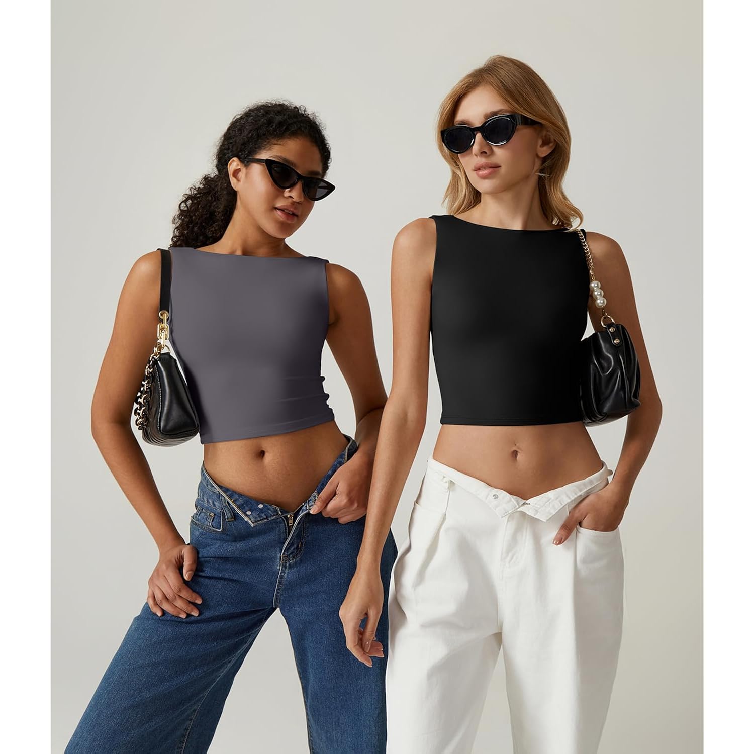 QINSEN Women's Sexy Open Back Sleeveless Crop Tank High Neck Slim Fit Cropped Tee Shirt Y2k Tops