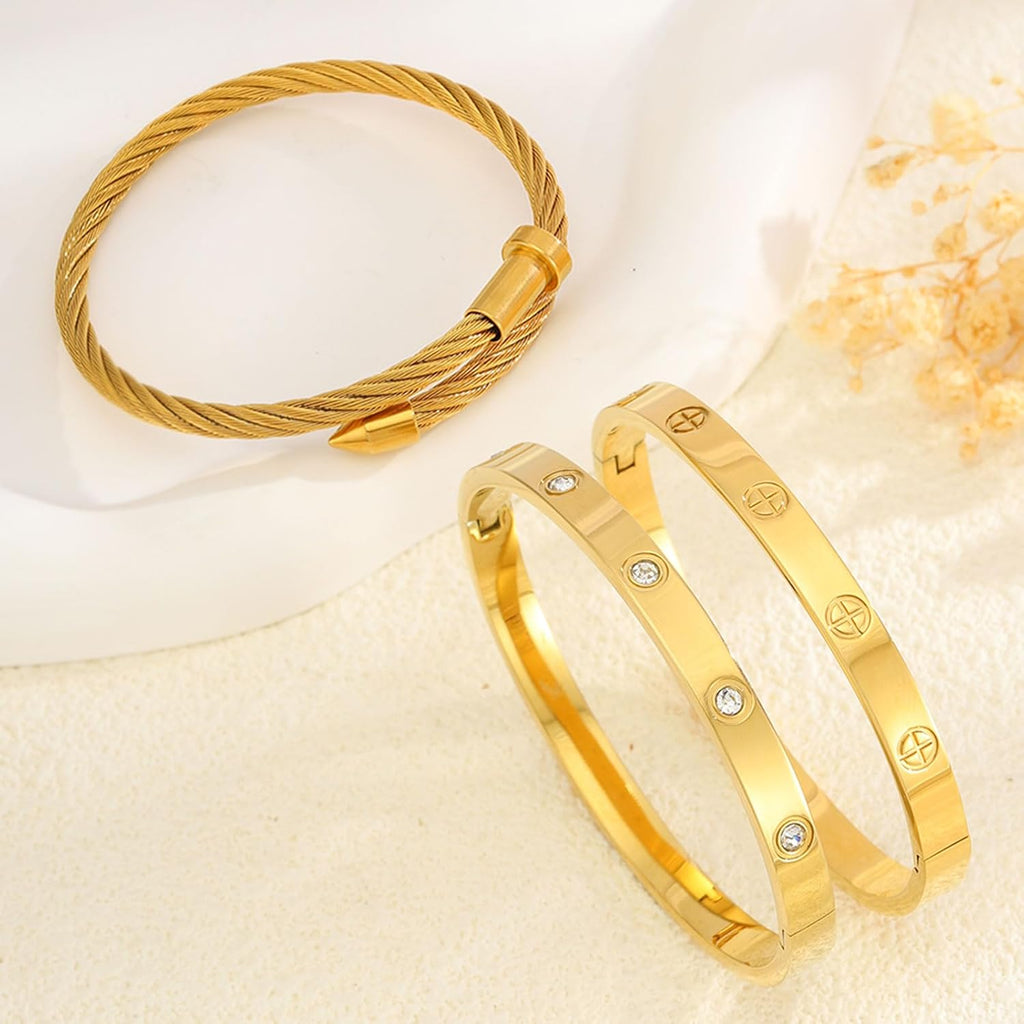 Gold Bracelets for Women - Stackable Bangles with Friendship & Love Theme - Stainless Steel Jewelry Gift for Her