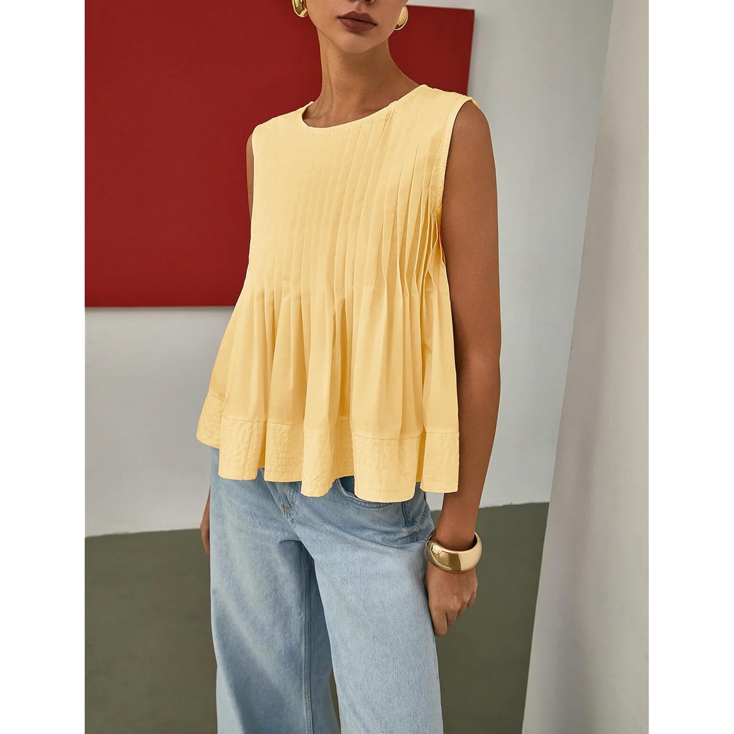 Womens Summer Pleated Peplum Sleeveless Blouse Tank Tops Round Neck Y2K Babydoll Blouse Shirt