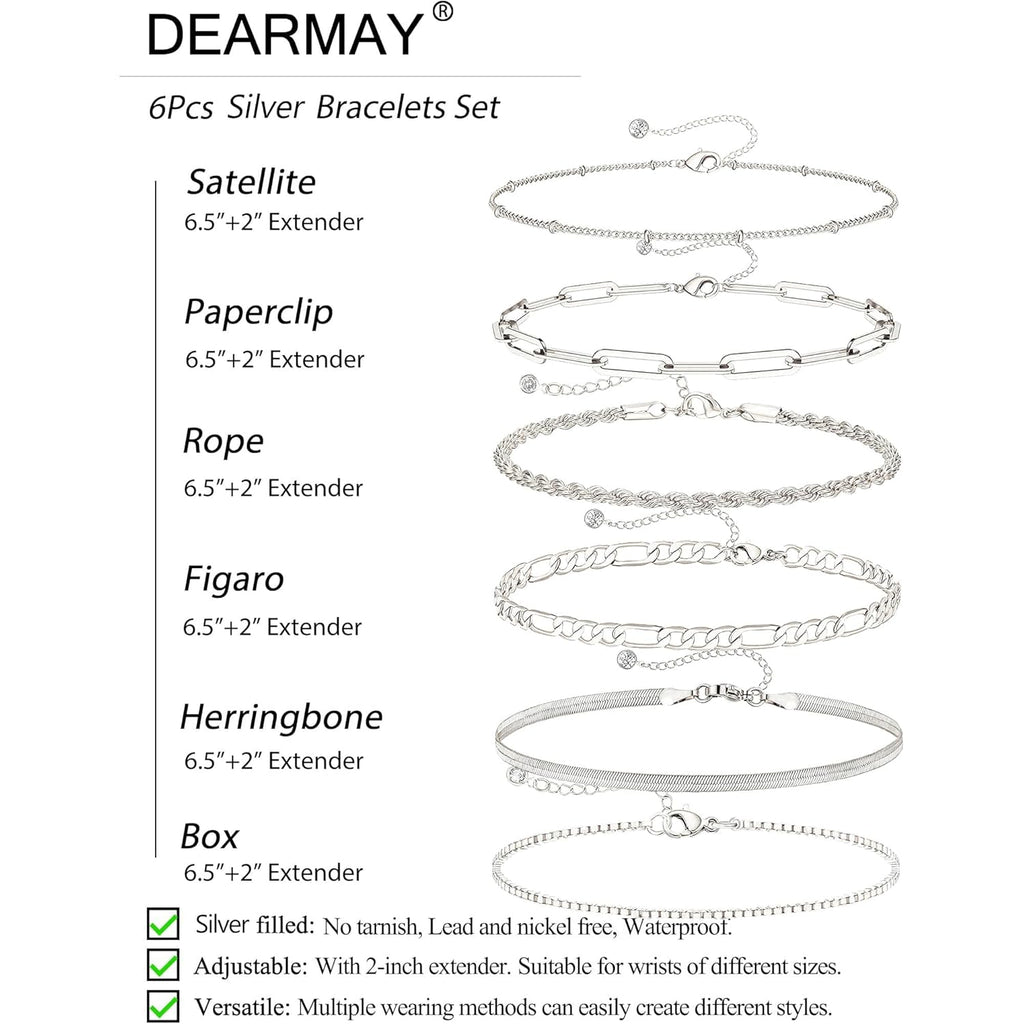 DEARMAY Dainty Silver Bracelets for Women Trendy, 925 Sterling Silver Jewelry Set for Women Bracelets for Women Paperclip Box Herringbone Figaro Rope Chain Bracelet Fashion Pack Gifts for Women