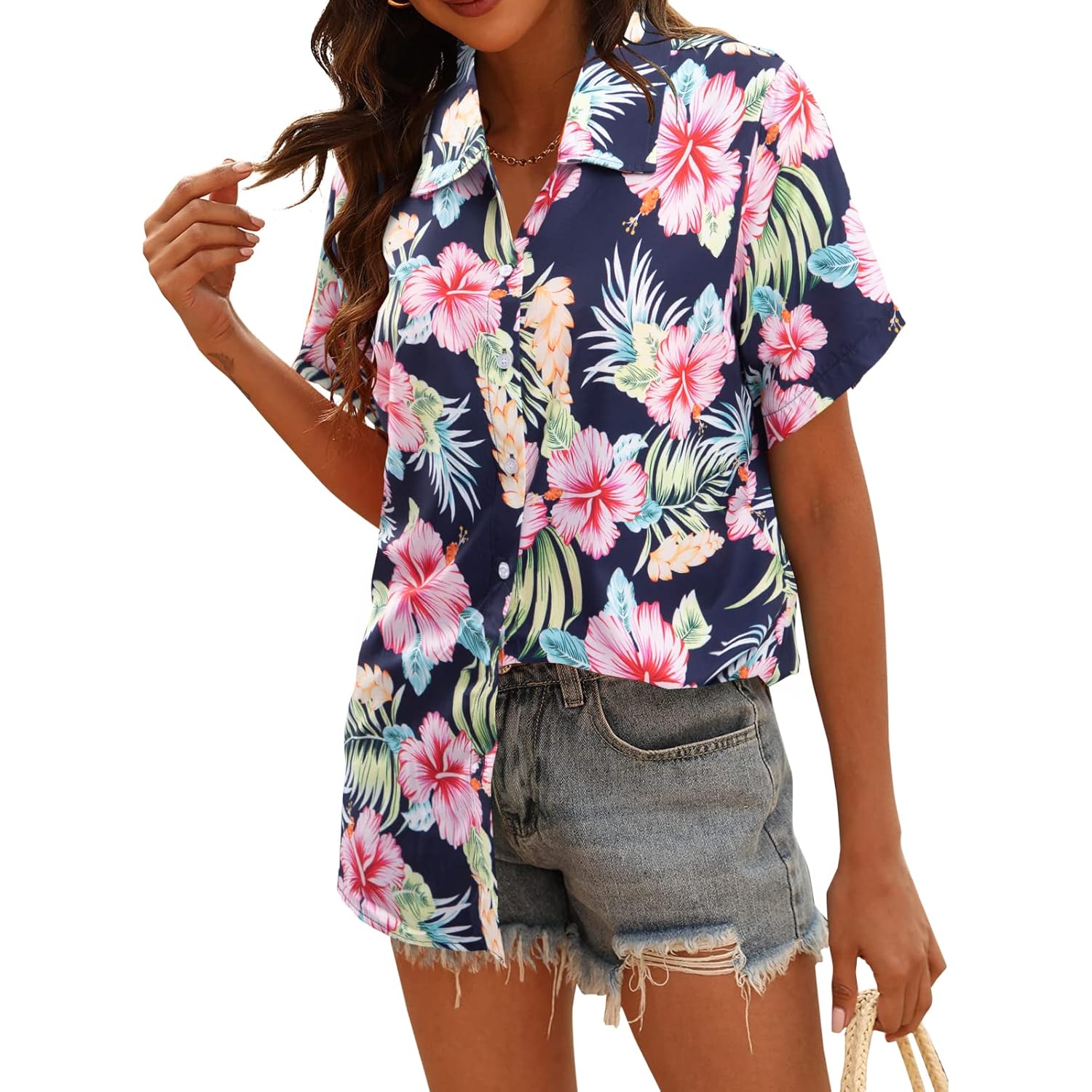 MYHALF Women Hawaiian Shirt Soft Cool Summer Hawaii Shirts Floral Tropic Print V Neck T-Shirt Short Sleeve Button Up Tops