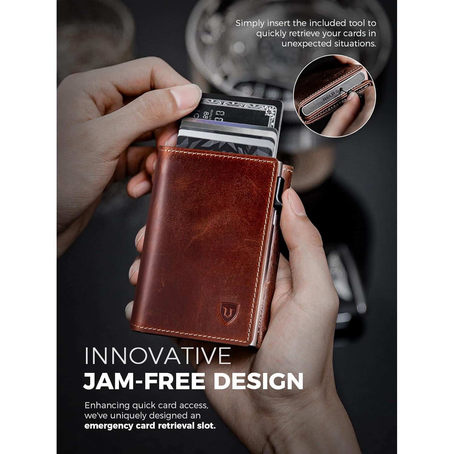 LORZOR AirTag Wallet - Full Grain Leather, Mens Minimalist Wallet with Apple Air Tag Holder, Slim Smart Pop up Card Case, ID Window, RFID Blocking, Front Pocket (AirTag Not Included)
