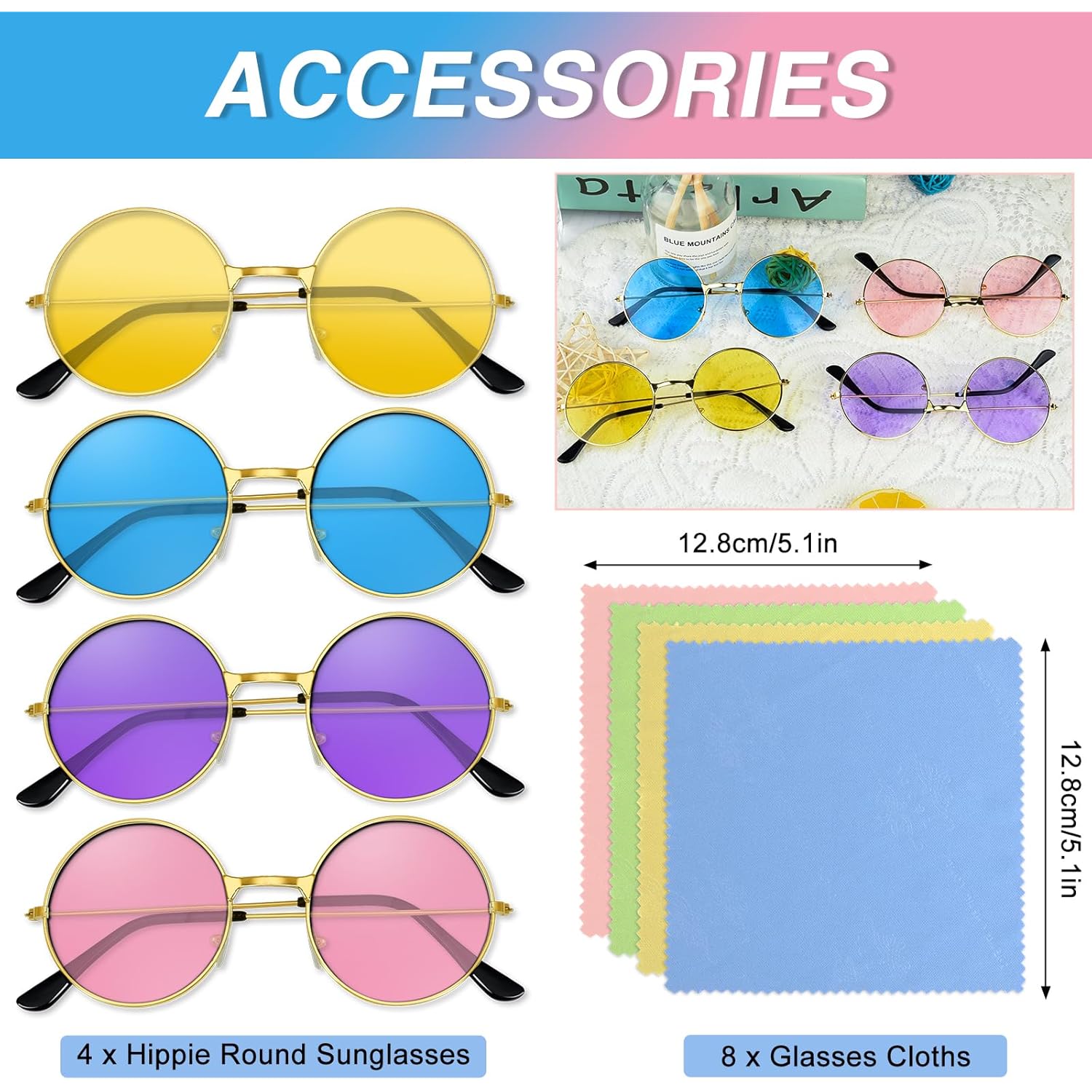 4/8/10/12/20/28 Pairs Hippie Sunglasses Round Hippie Glasses 70s Party Decorations Multicolored Glasses for Women