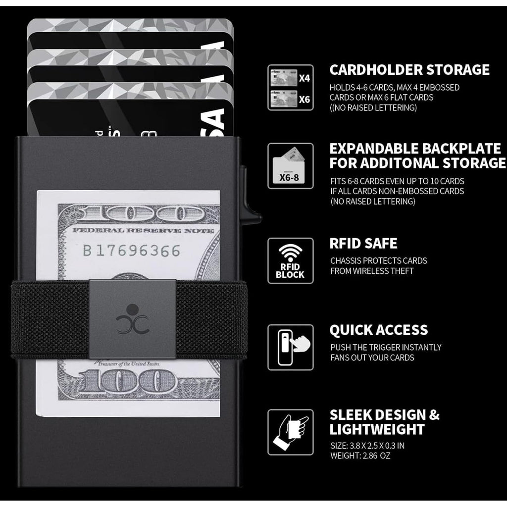 Slim Aluminum Card Holder Wallet for Men, Durable Expandable Backplate, RFID Blocking Minimalist Metal Pop Up Wallet, Holds 12+ Cards Plus Cash (Black)