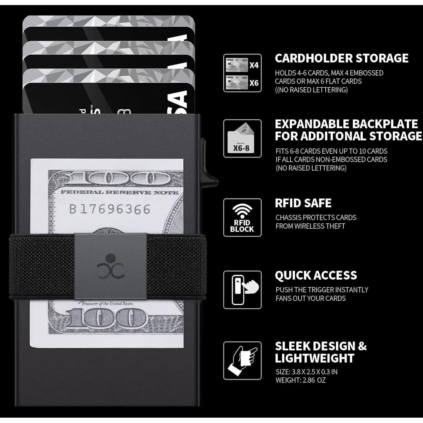 Slim Aluminum Card Holder Wallet for Men, Durable Expandable Backplate, RFID Blocking Minimalist Metal Pop Up Wallet, Holds 12+ Cards Plus Cash (Black)