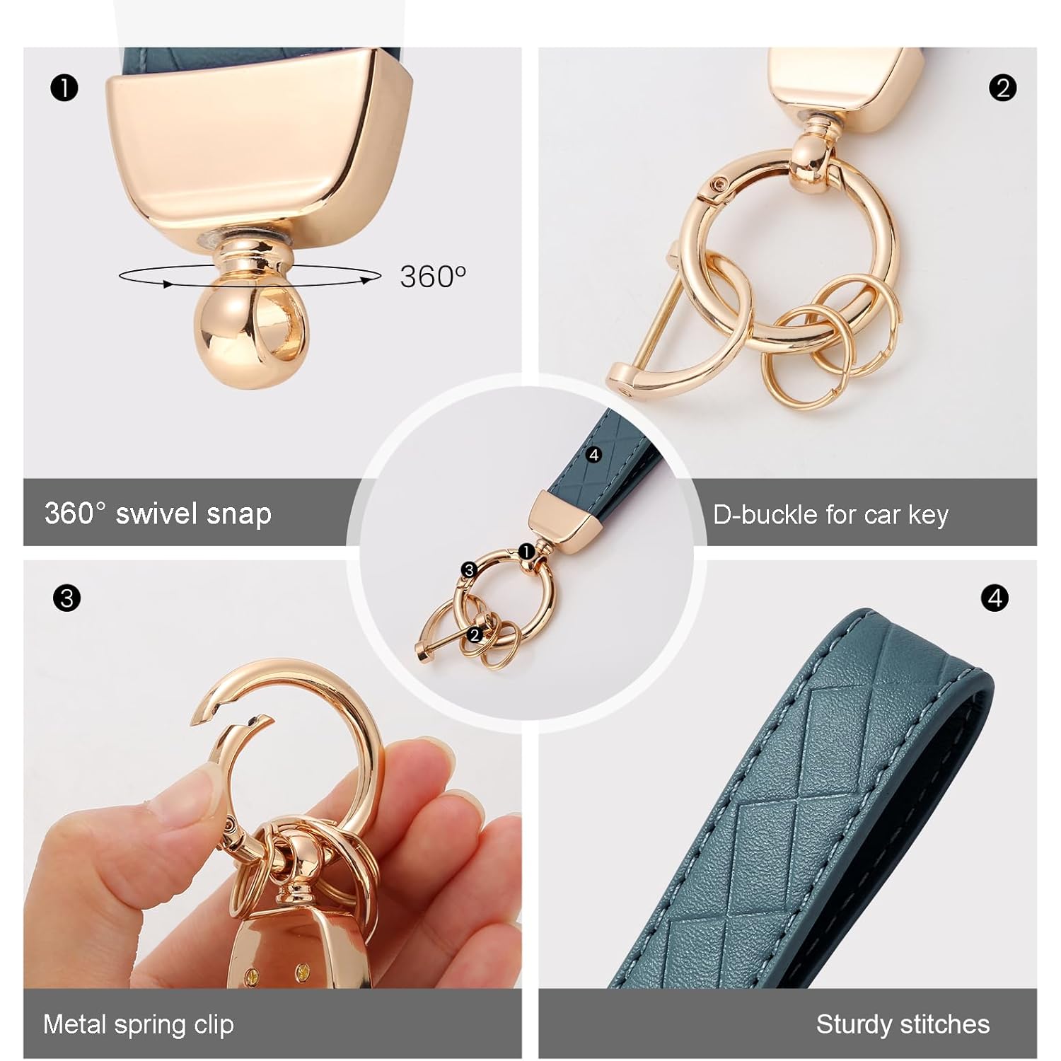 2 Pack Leather Keychains, Car Key chains for women men, Key Fob Holder with Keyrings, Anti-Lost D-Ring