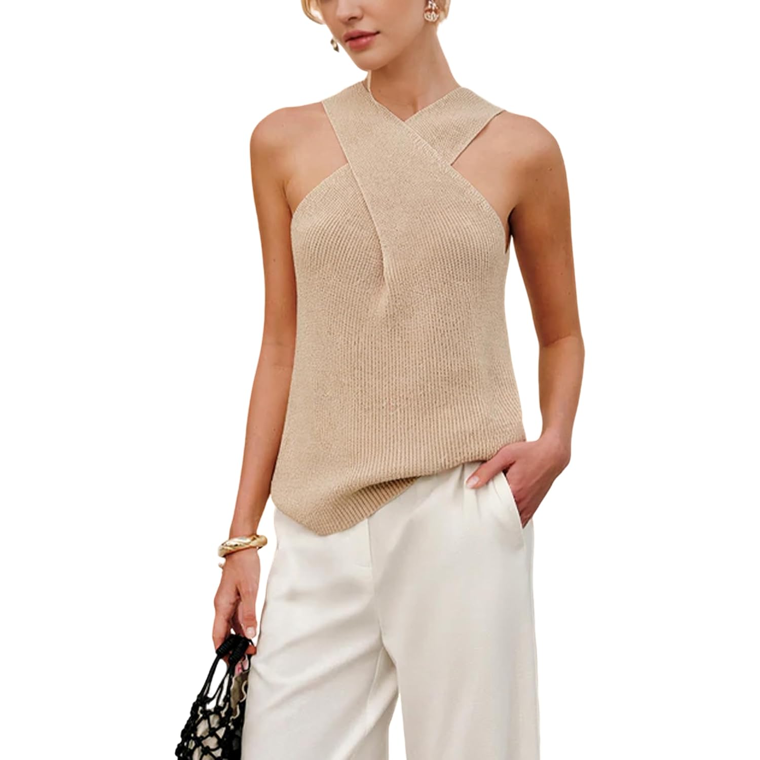 Yeokou Women Halter Cross Over Collar Tank Knit Sleeveless Top Solid Color Casual Summer Blouse