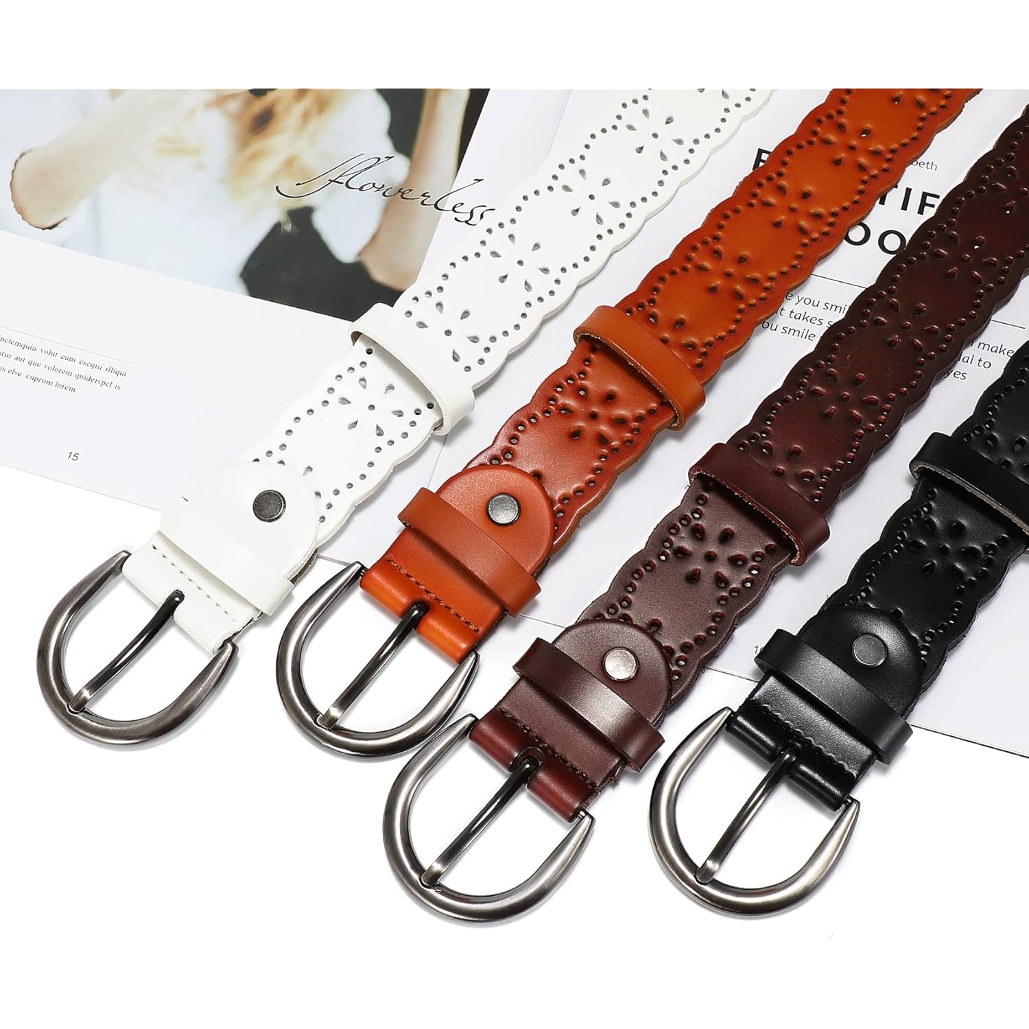 XZQTIVE Women Plus Size Leather Belt for Jeans Dresses Pants Hollow Flower Waist Belts with Solid Pin Buckle